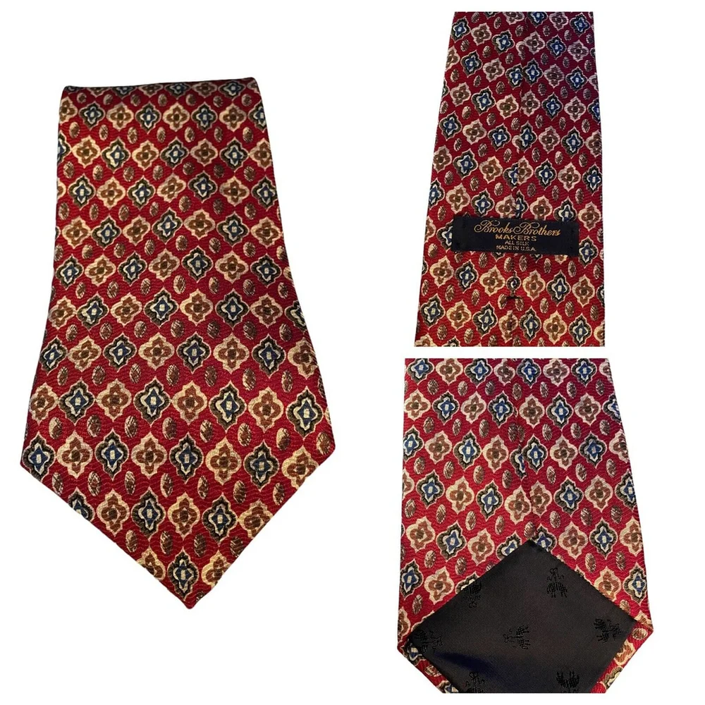 Brooks Brothers Makers Patterned Silk Neck Tie‎ Made In USA Cranberry Red Blue